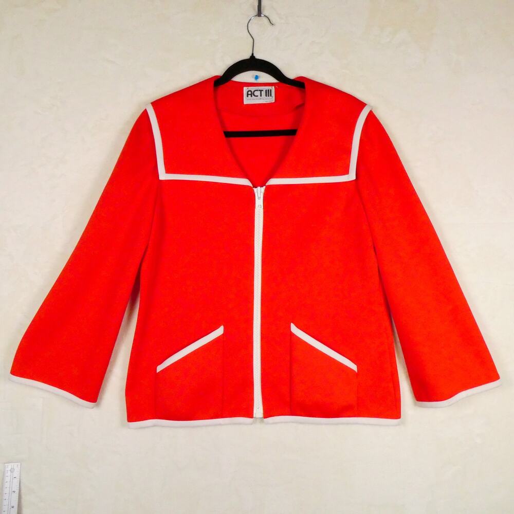 Vintage 1970s Act III Red Sailor Jacket Size L White Zipper Dacron Polyester